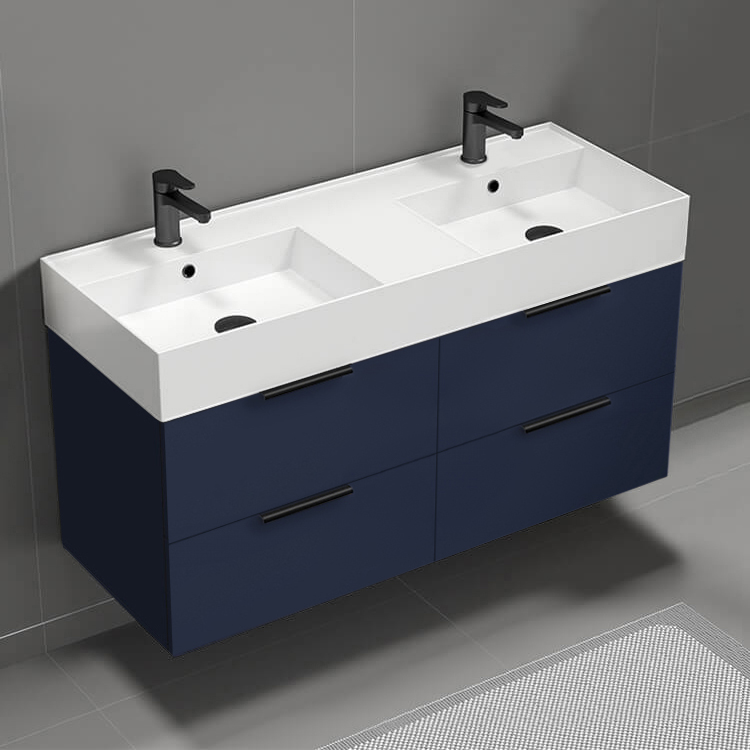 Bathroom Vanity Double Bathroom Vanity, Wall Mount, 48 Inch, Night Blue Nameeks DERIN446